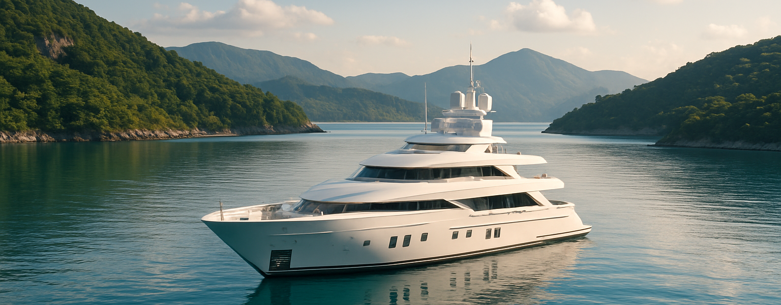 A luxury yacht anchored in a tranquil bay surrounded by green hills and mountains under a clear sky