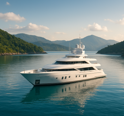 A luxury yacht anchored in a tranquil bay surrounded by green hills and mountains under a clear sky