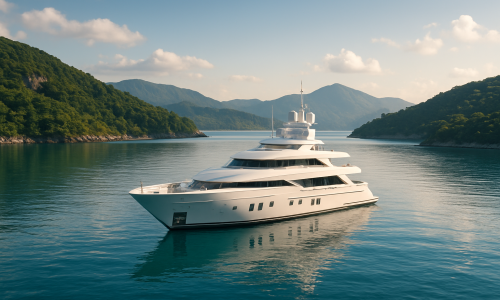 A luxury yacht anchored in a tranquil bay surrounded by green hills and mountains under a clear sky