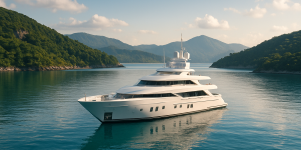 A luxury yacht anchored in a tranquil bay surrounded by green hills and mountains under a clear sky