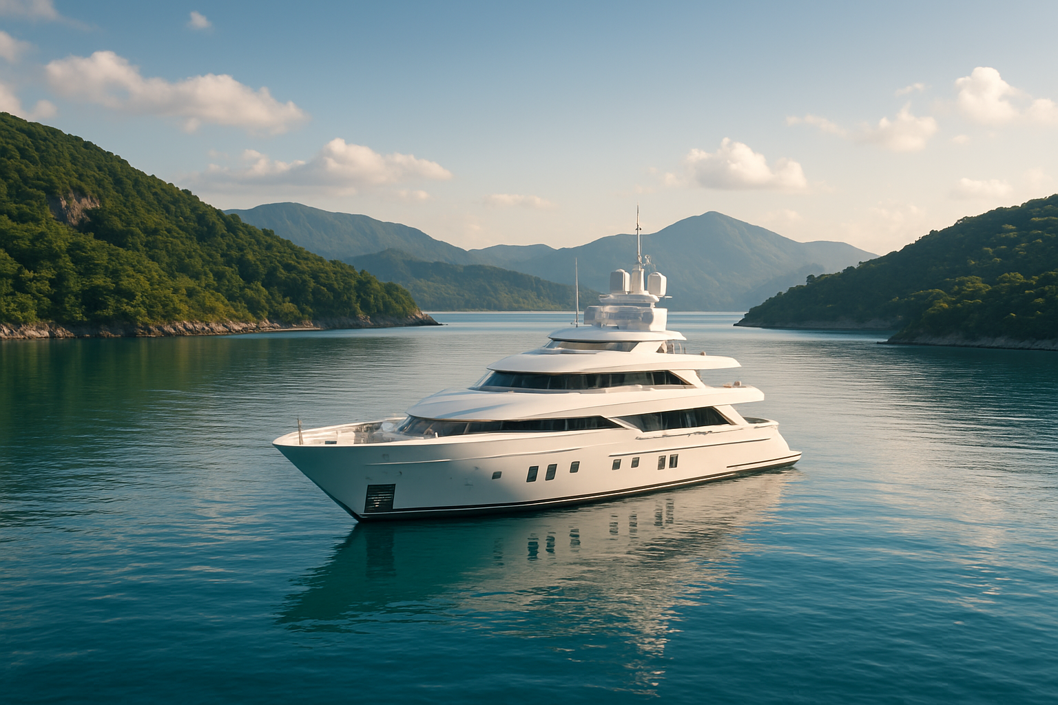 A luxury yacht anchored in a tranquil bay surrounded by green hills and mountains under a clear sky