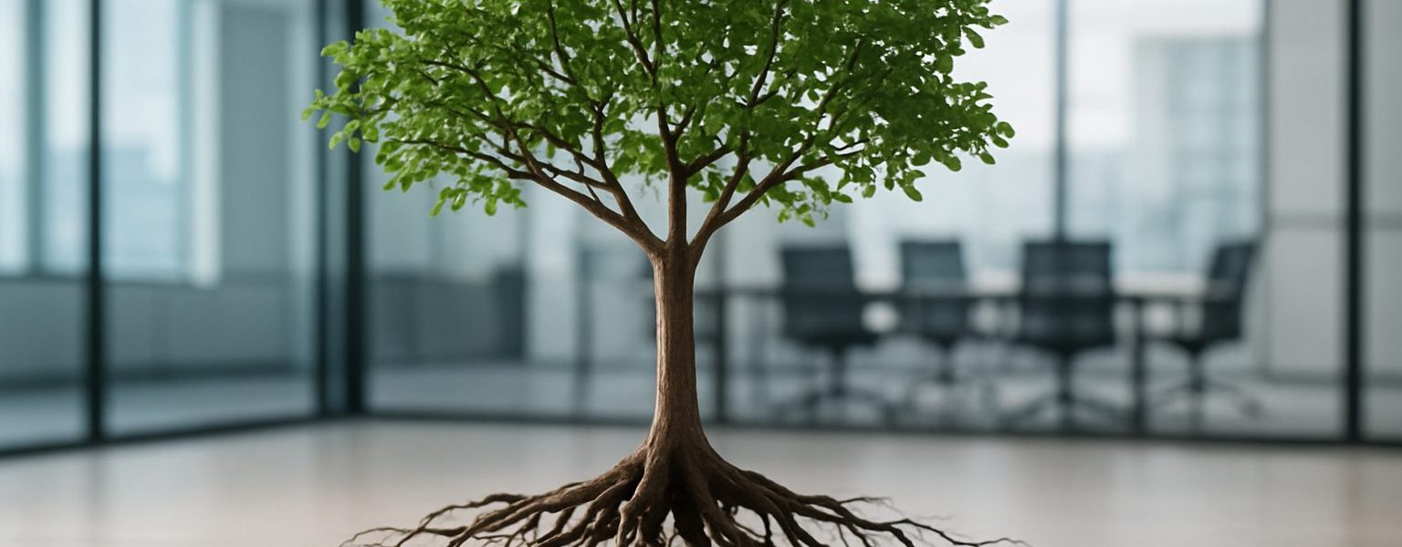 A potted tree with visible roots in an office setting