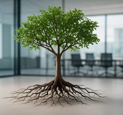 A potted tree with visible roots in an office setting