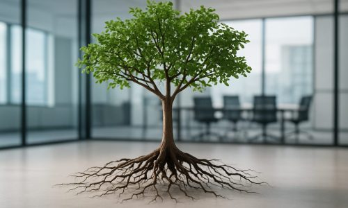 A potted tree with visible roots in an office setting