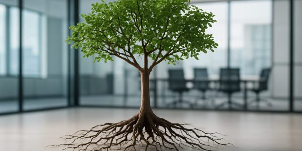 A potted tree with visible roots in an office setting