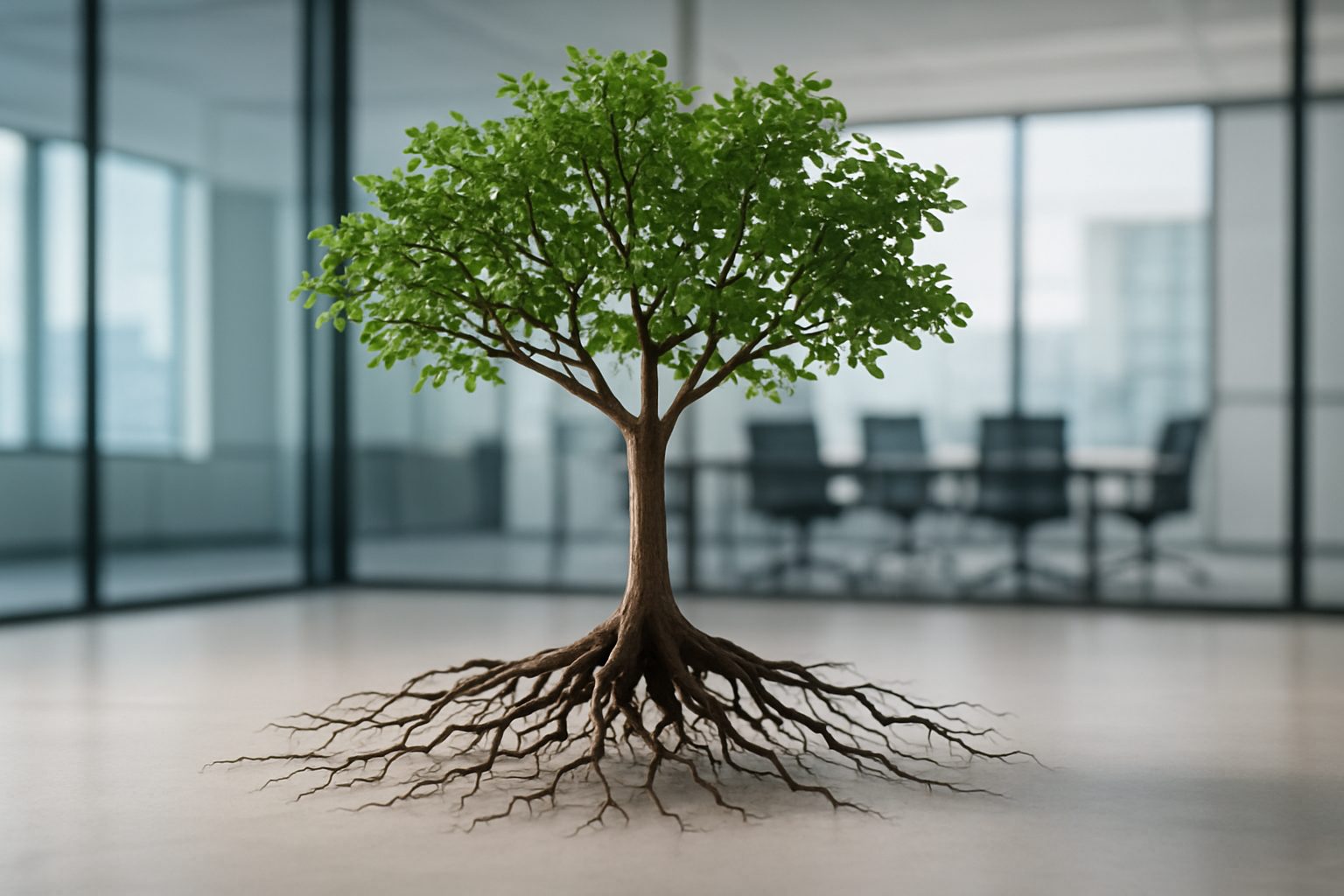 A potted tree with visible roots in an office setting