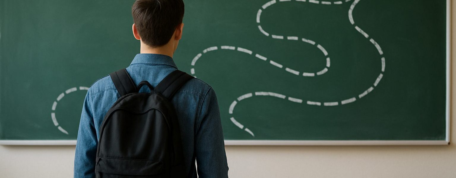 A student with a backpack standing in front of a chalkboard with a dashed line leading to an arrow, symbolizing a journe