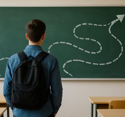 A student with a backpack standing in front of a chalkboard with a dashed line leading to an arrow, symbolizing a journe