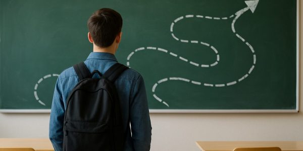 A student with a backpack standing in front of a chalkboard with a dashed line leading to an arrow, symbolizing a journe