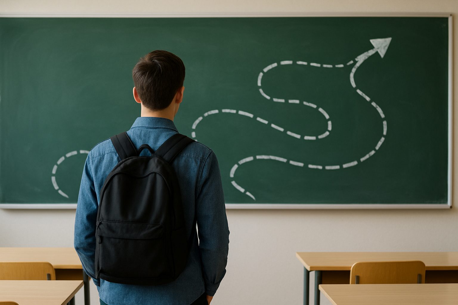 A student with a backpack standing in front of a chalkboard with a dashed line leading to an arrow, symbolizing a journe